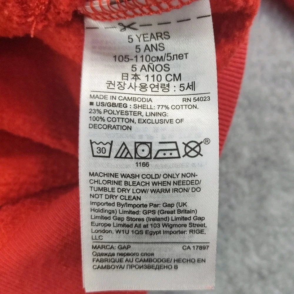 GAP Kid's Sweatshirt Size 5 Year Toddler Red Long Sleeve‎ Kanga Pocket Hoodie 📏